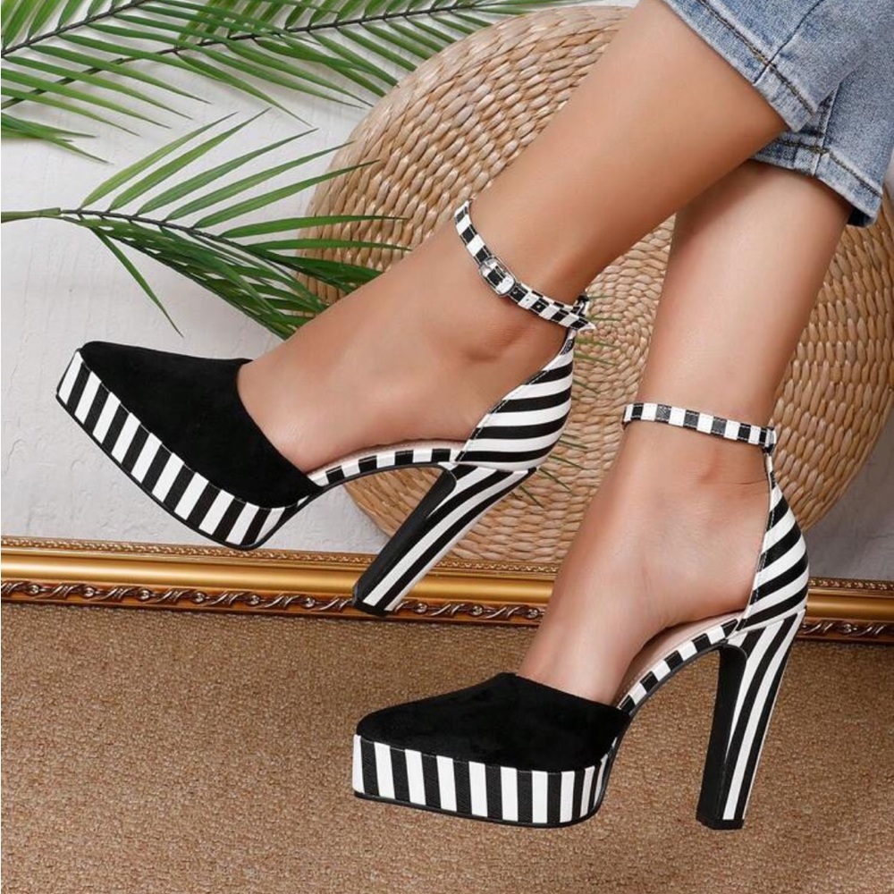 Rebellious Rose Black and White Striped Heels